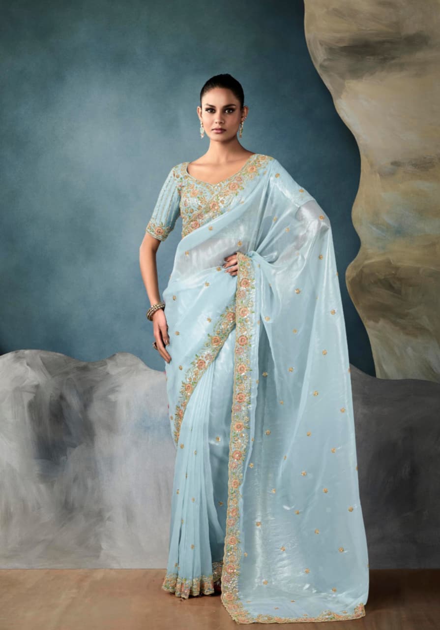 Blue Tissue Handwork Designer Saree