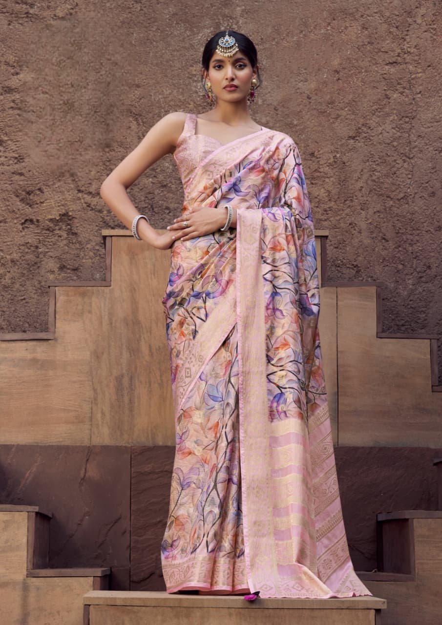 Peach Can Crepe Crush Jacquard Weaving Border Saree