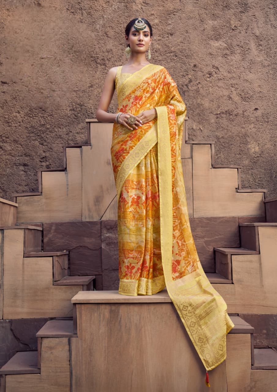 Yellow Can Crepe Crush Jacquard Weaving Border Saree