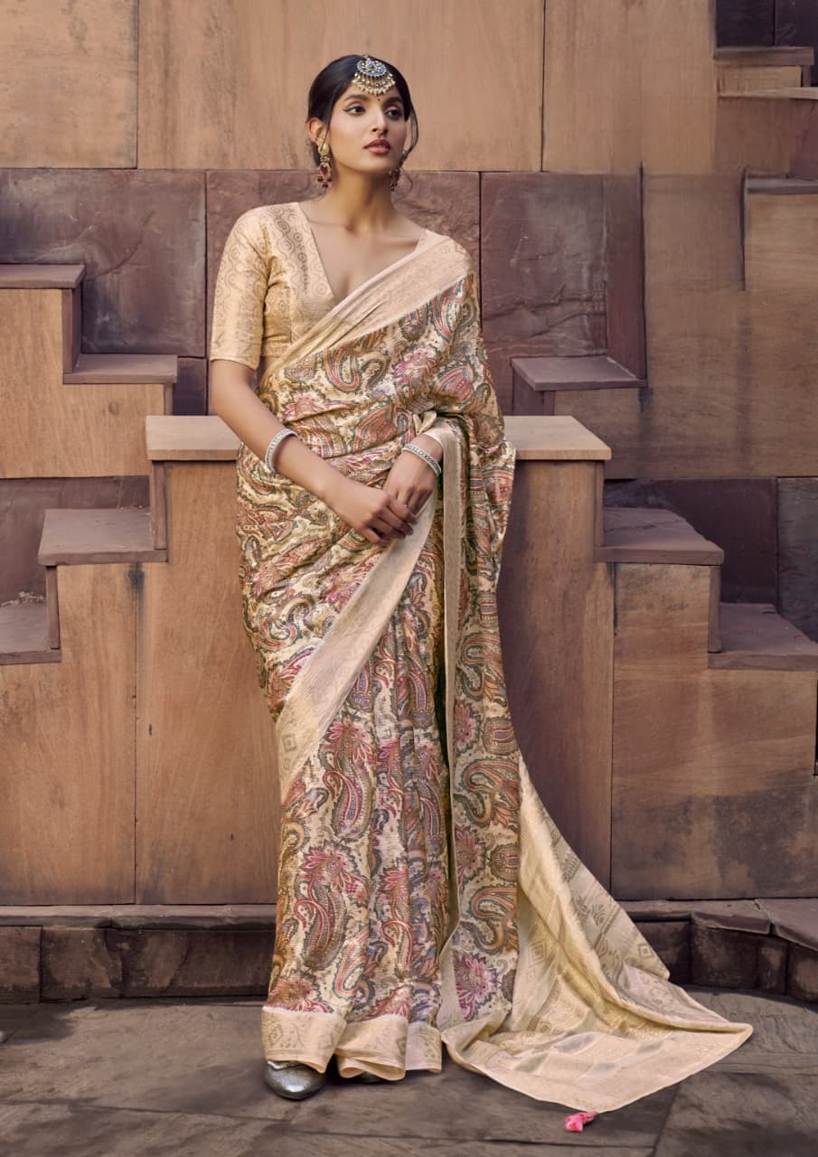 Beige Can Crepe Crush Jacquard Weaving Border Saree