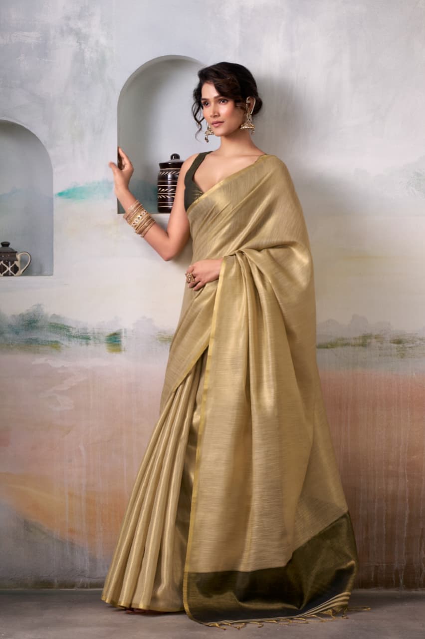 Beige Pure Handloom Tissue Silk Saree