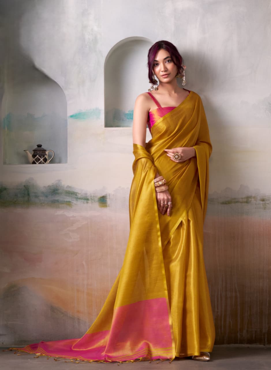 Mustard Yellow Pure Handloom Tissue Silk Saree