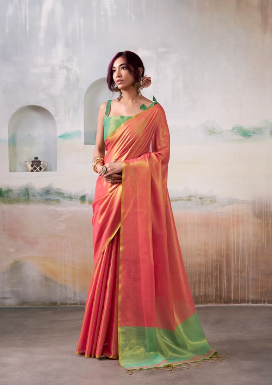 Coral Pink Pure Handloom Tissue Silk Saree