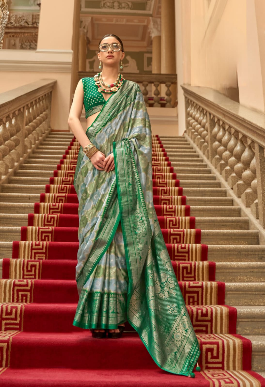 Green P.V. Gaji Satin H.B Printed Saree