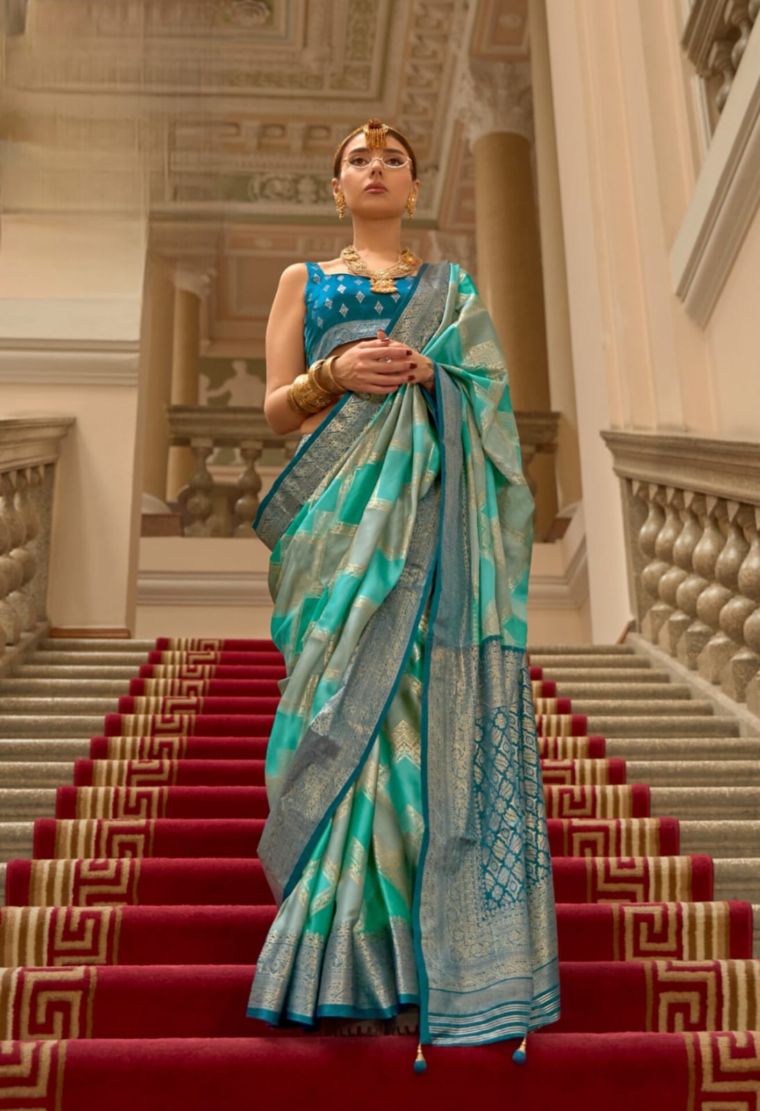 Teal Green P.V. Gaji Satin H.B Printed Saree