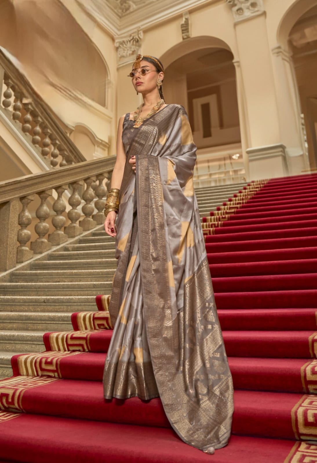 Grey Gold Shade P.V. Gaji Satin H.B Printed Saree