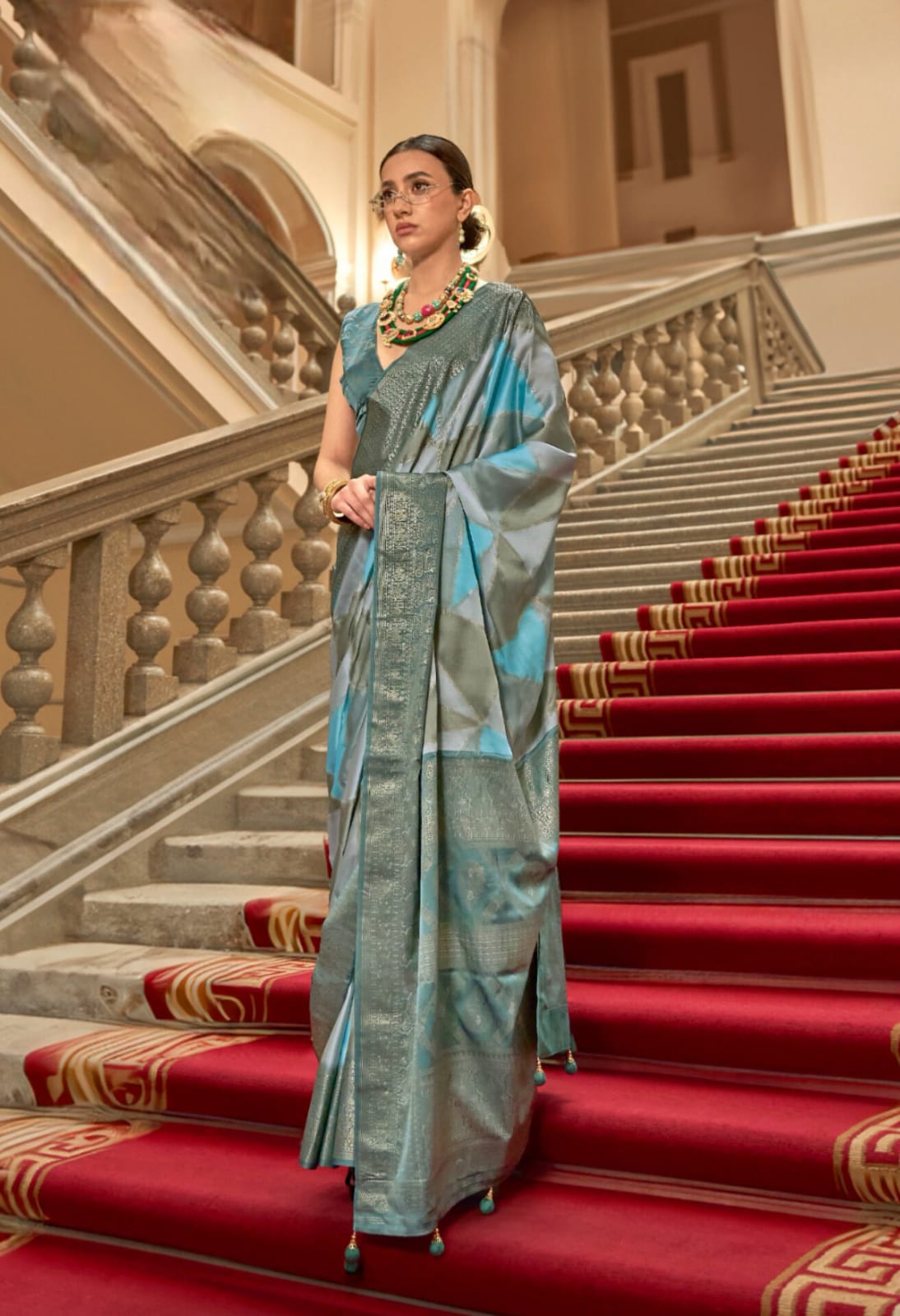 Turquoise Blue P.V. Gaji Satin H.B Printed Saree