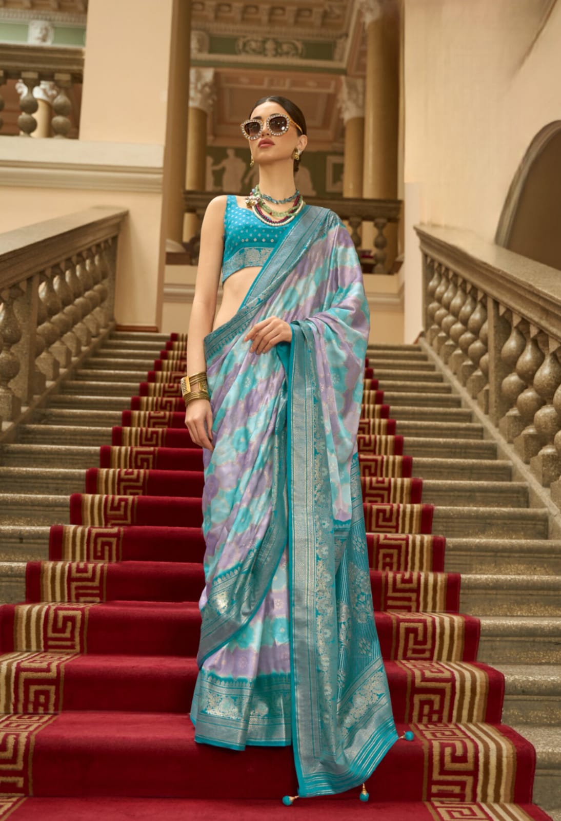 Aqua Blue P.V. Gaji Satin H.B Printed Saree