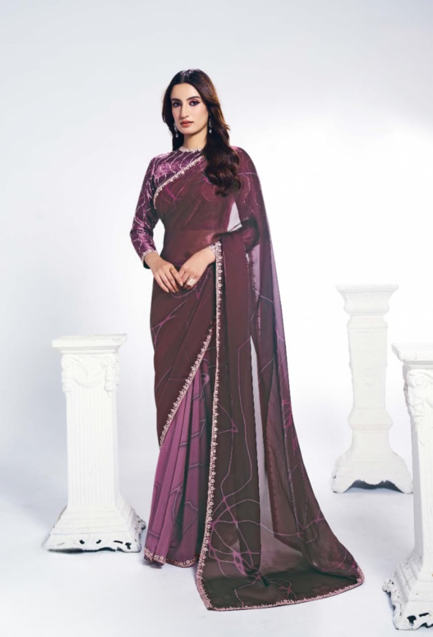 Two Tone Satin Silk Sequence Embroidered Stone Handwork Saree