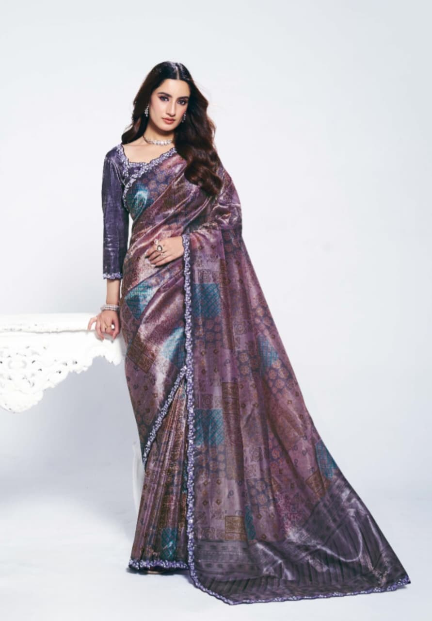 Two Tone Paper Silk Embroidered Stone Handwork Saree