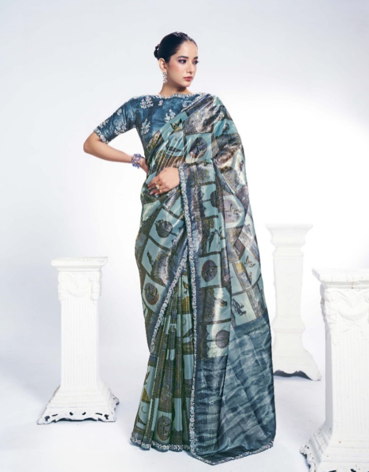 Two Tone Paper Silk Embroidered Stone Handwork Saree