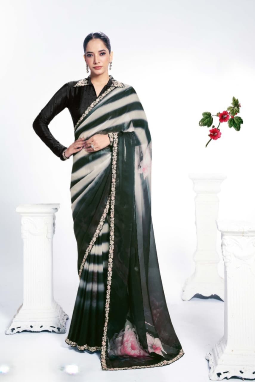 Two Tone Satin Silk Embroidered Stone Handwork Saree