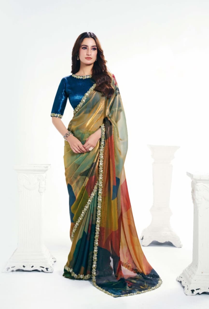 Two Tone Satin Silk Embroidered Stone Handwork Saree