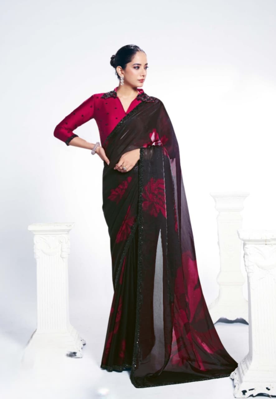 Two Tone Satin Silk Bead Embroidered Saree