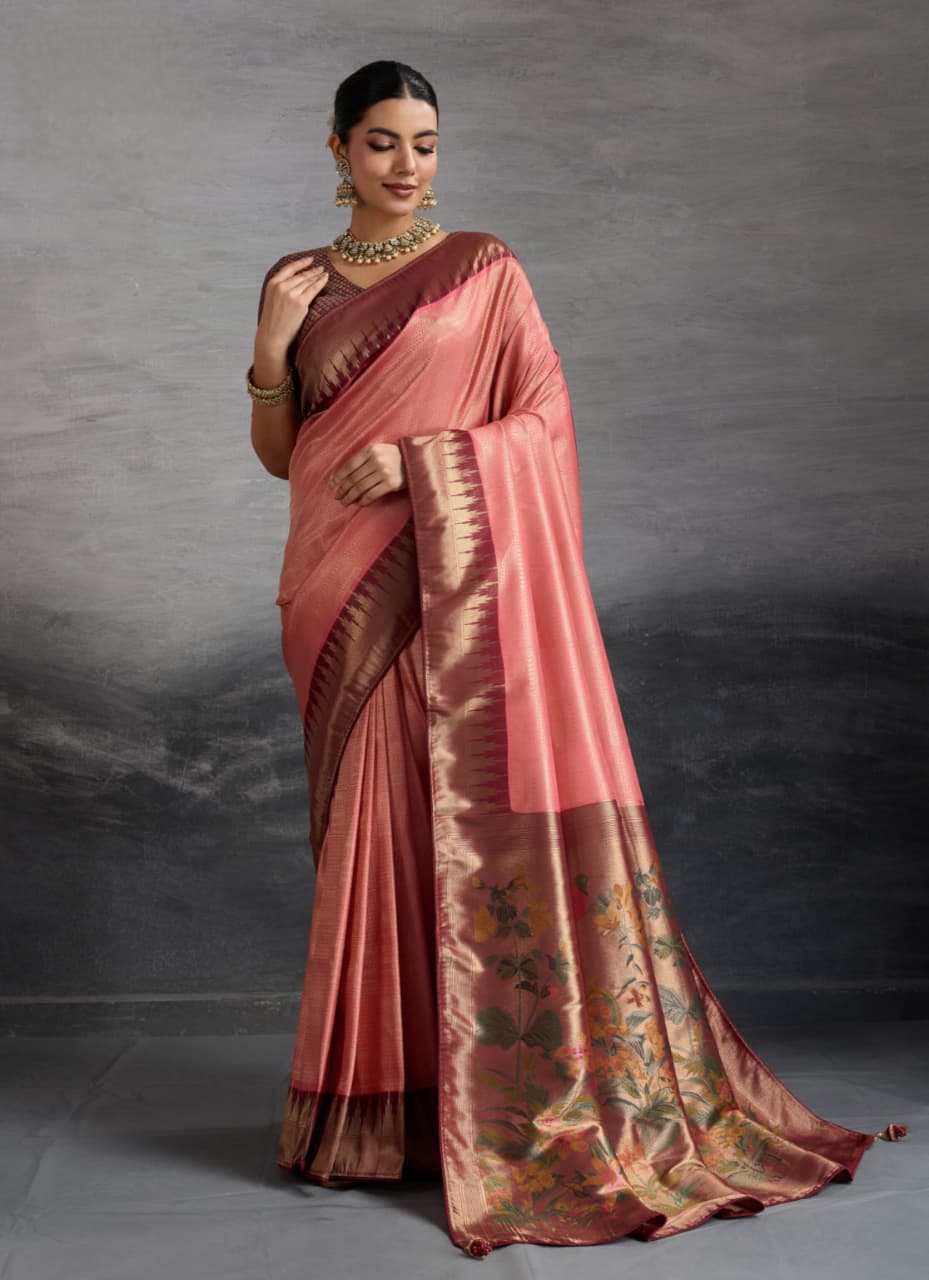 Coral Pink Kanjivaram Soft Silk Double Zari Meenakari Woven Pallu