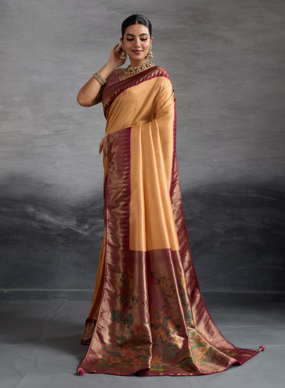 Peach Orange Kanjivaram Soft Silk Double Zari Meenakari Woven Pallu