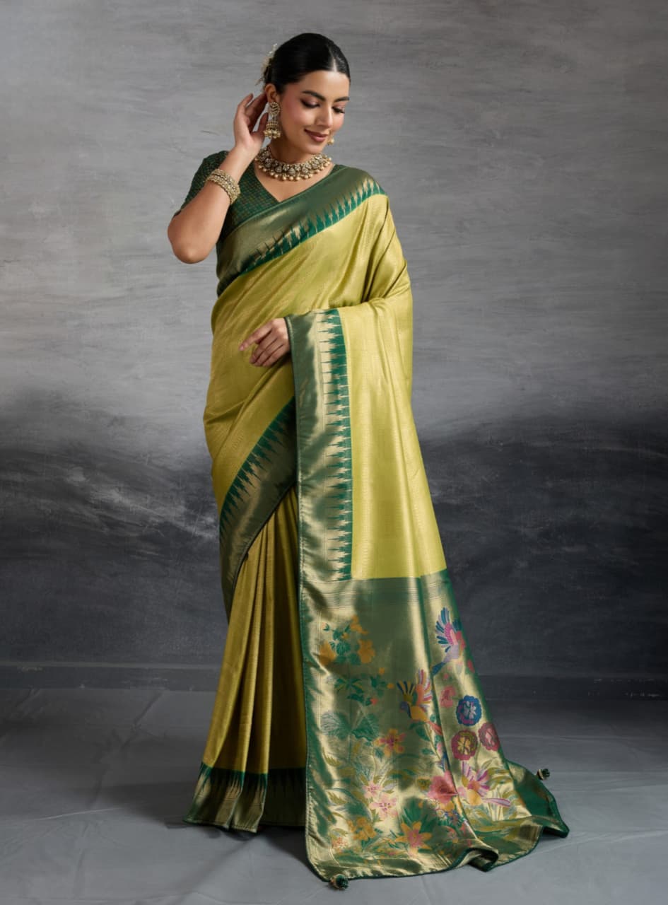 Lime Green Kanjivaram Soft Silk Double Zari Meenakari Woven Pallu