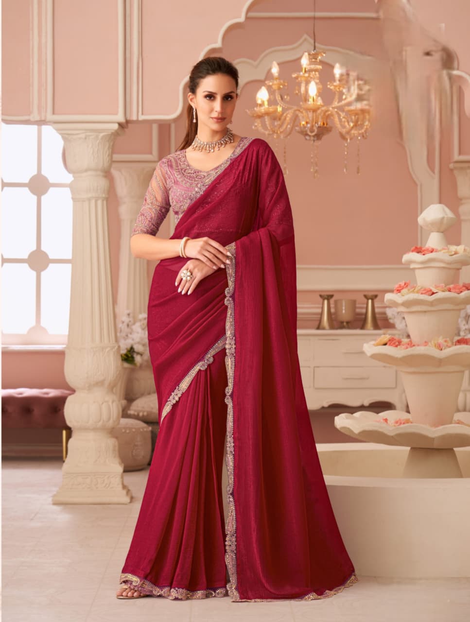 Cherry Red Rainbow Georgette Banglori Work Saree