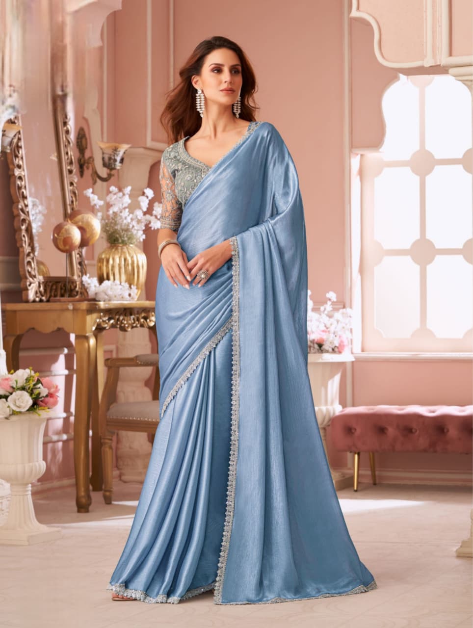 Navy Blue Chiffon Shimmer Banglori Work Saree