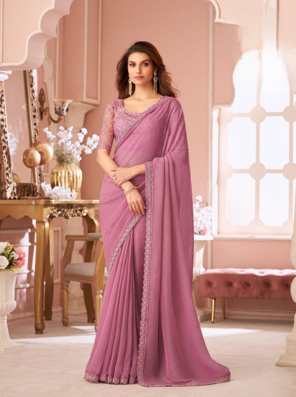 Onion Pink Crystal Georgette Banglori Work Saree