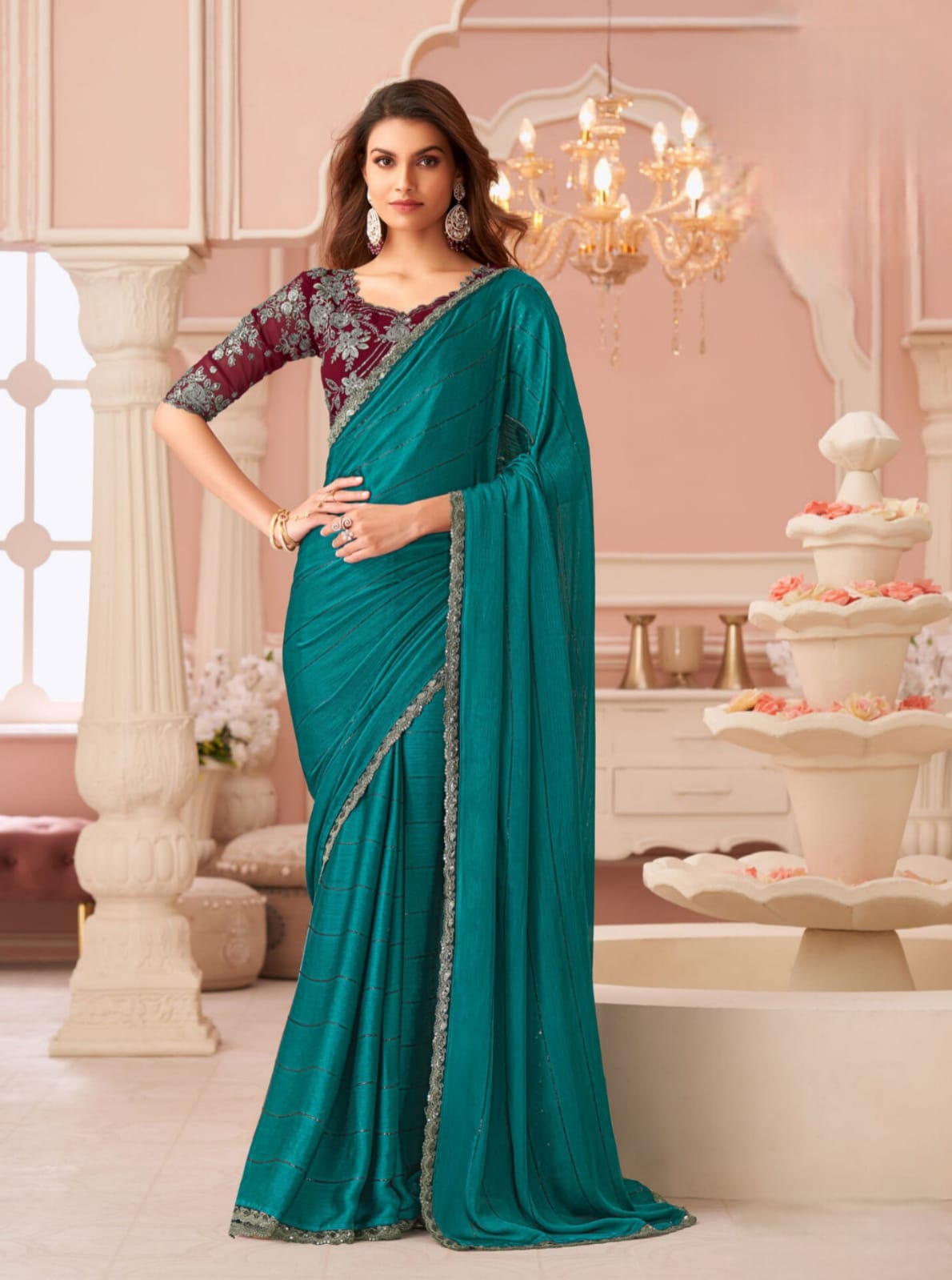 Teal Green Satin Banglori Work Saree