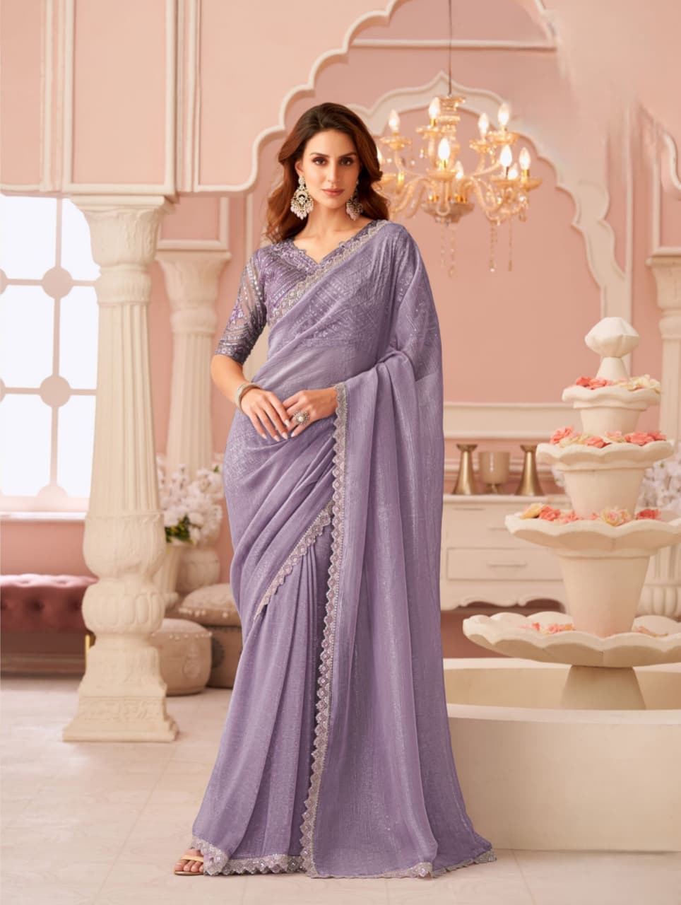 Lavender Rainbow Georgette Banglori Work Saree