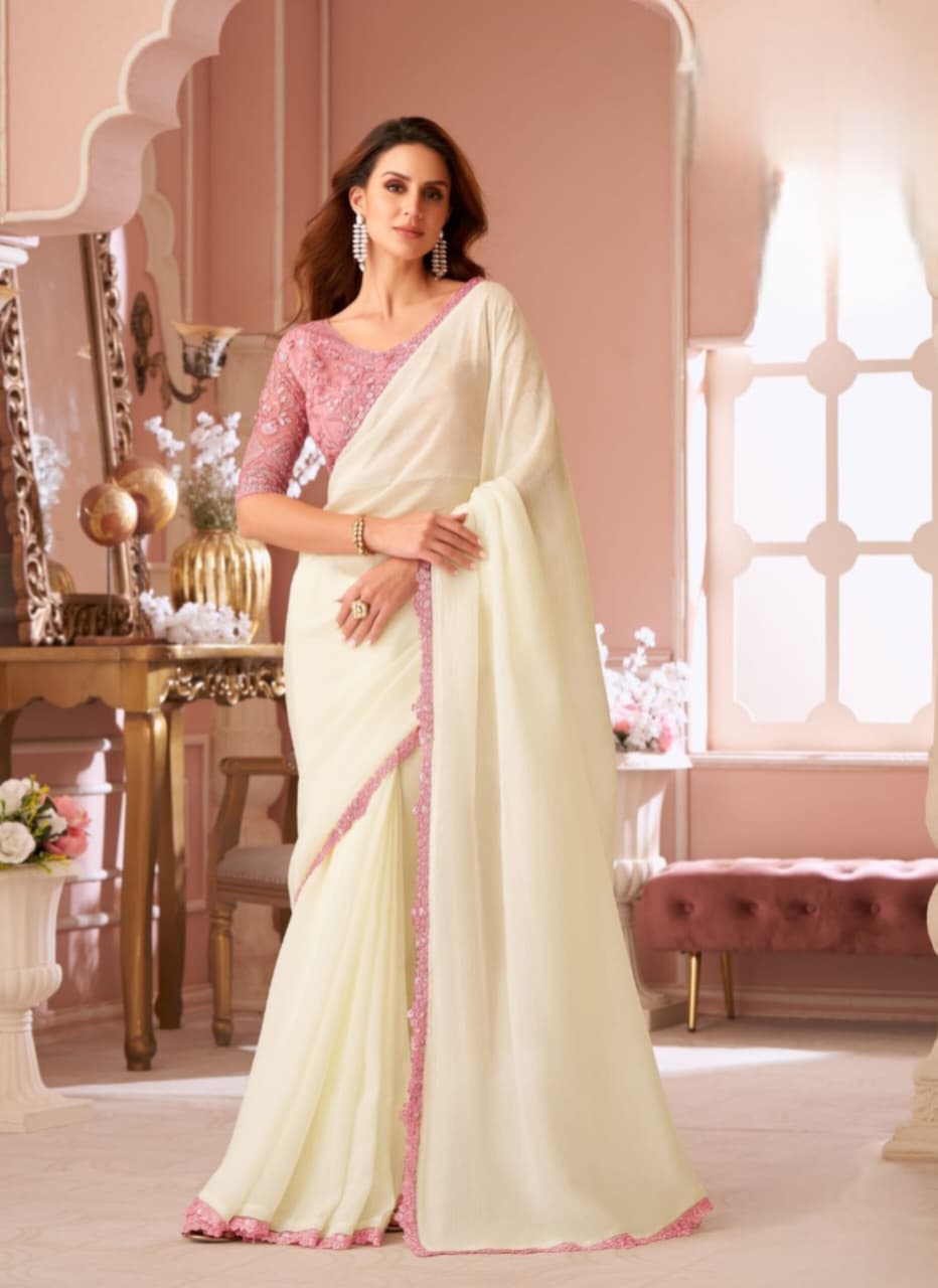 Cream Crystal Georgette Banglori Work Saree