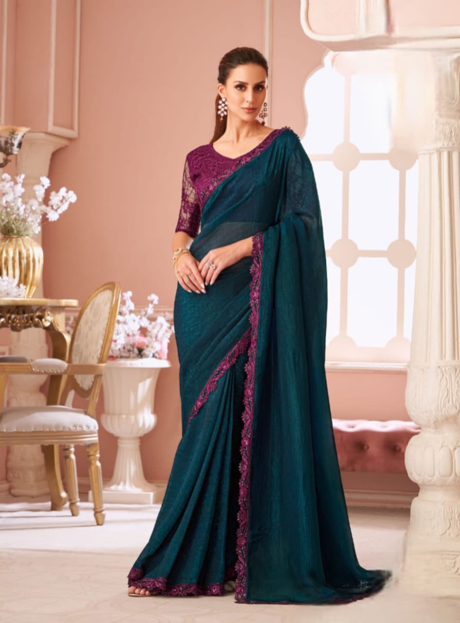 Peacock Blue Rainbow Banglori Work Saree