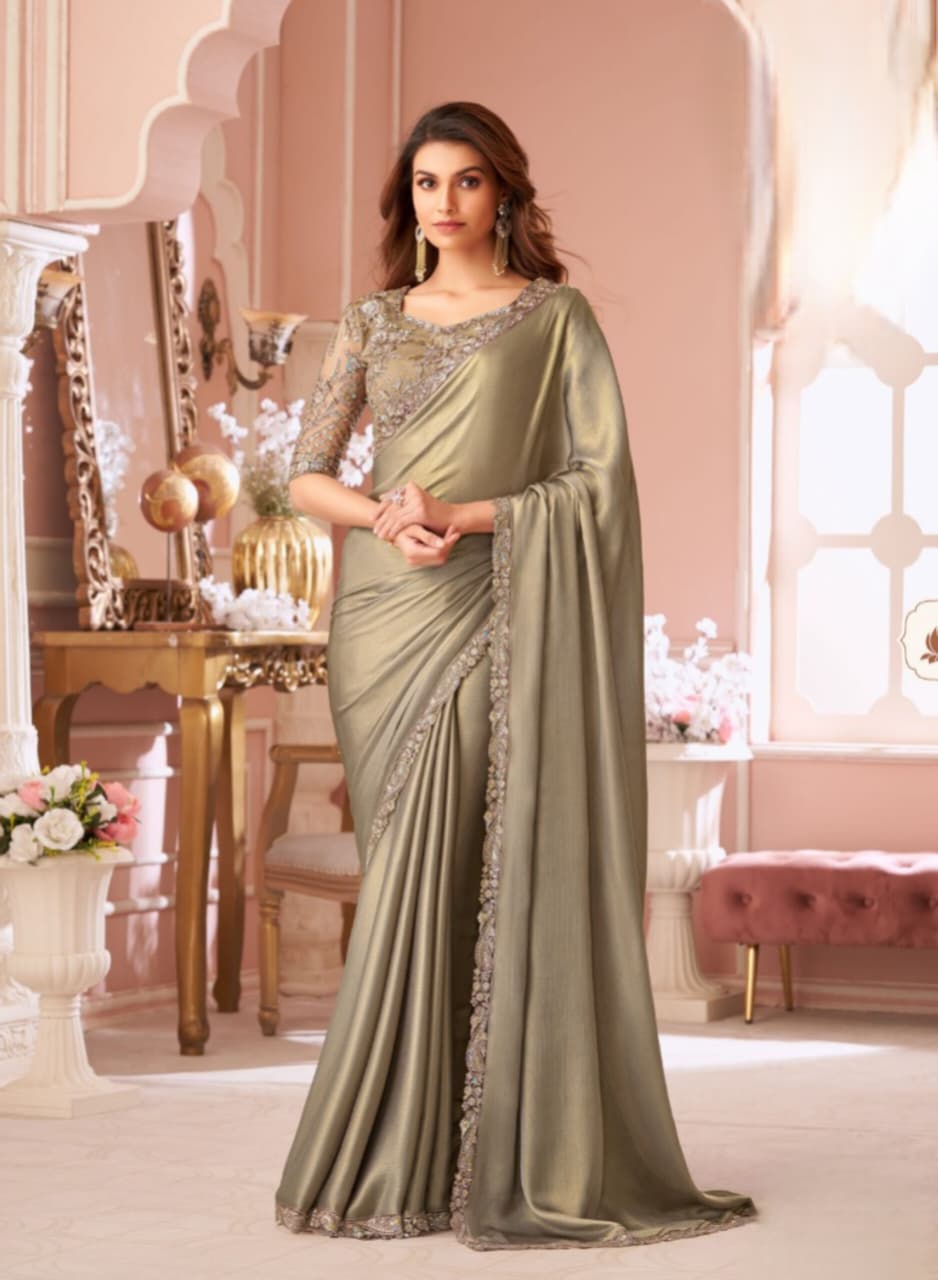 Golden Chiffon Shimmer Banglori Work Saree