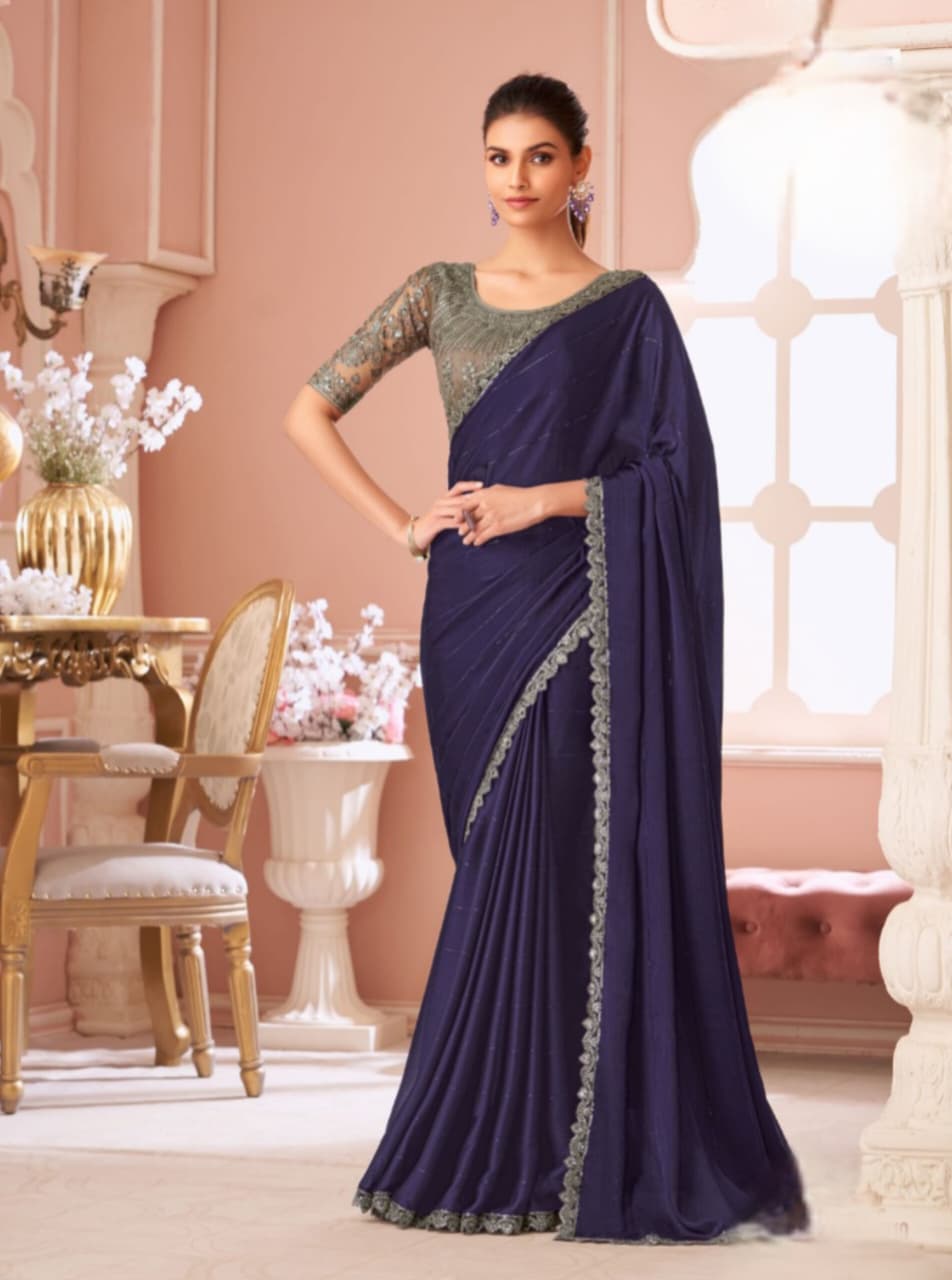 Navy Blue Satin Pattern Banglori Work Saree