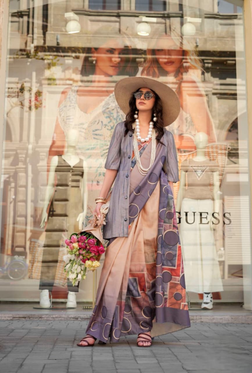 Grey Northern Light Twirl Silk Modern Digital Print Saree