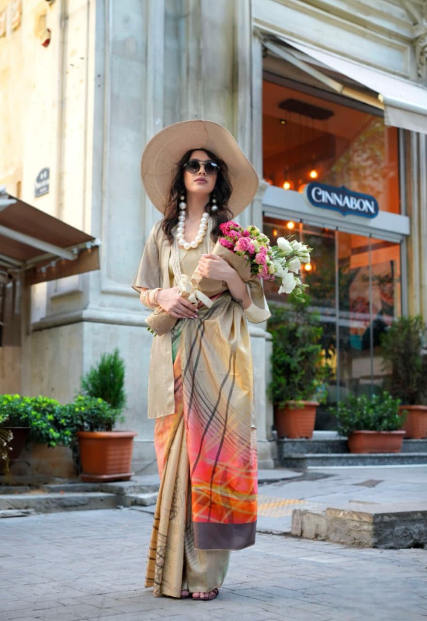 Beige Northern Light Twirl Silk Modern Digital Print Saree