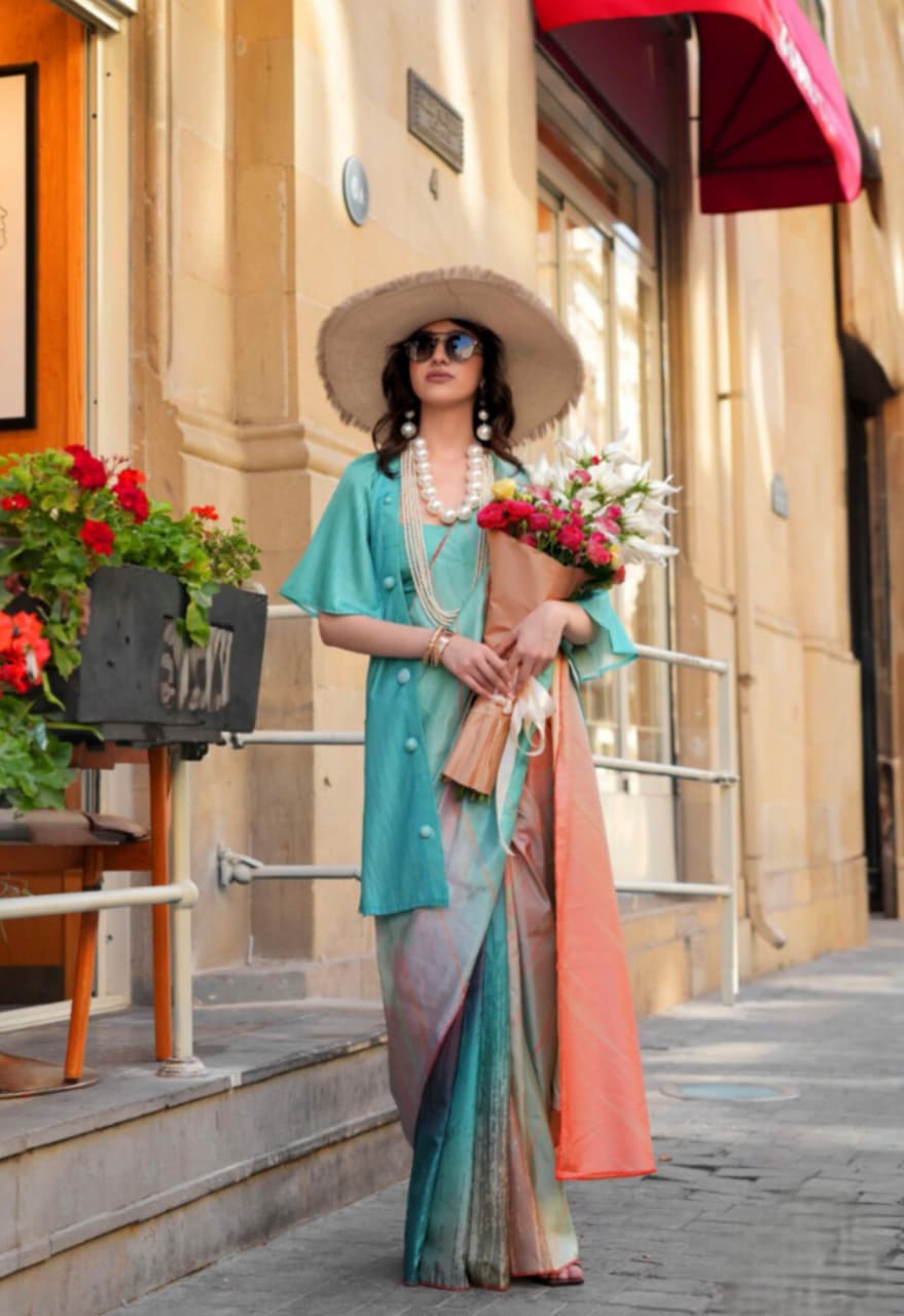 Sea Green Coral Northern Light Twirl Silk Modern Digital Print Saree