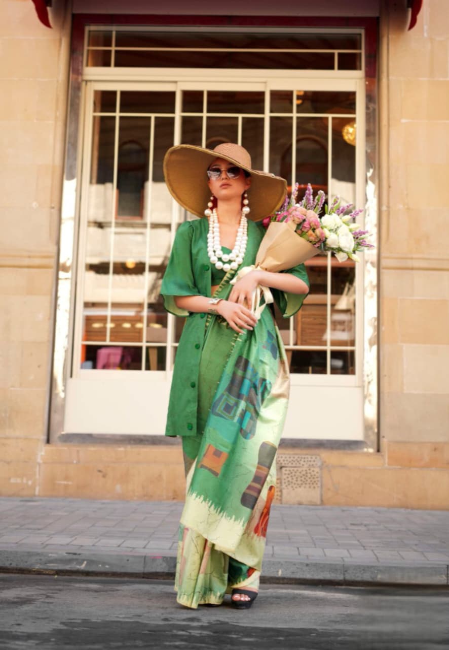 Light Green Northern Light Twirl Silk Modern Digital Print Saree