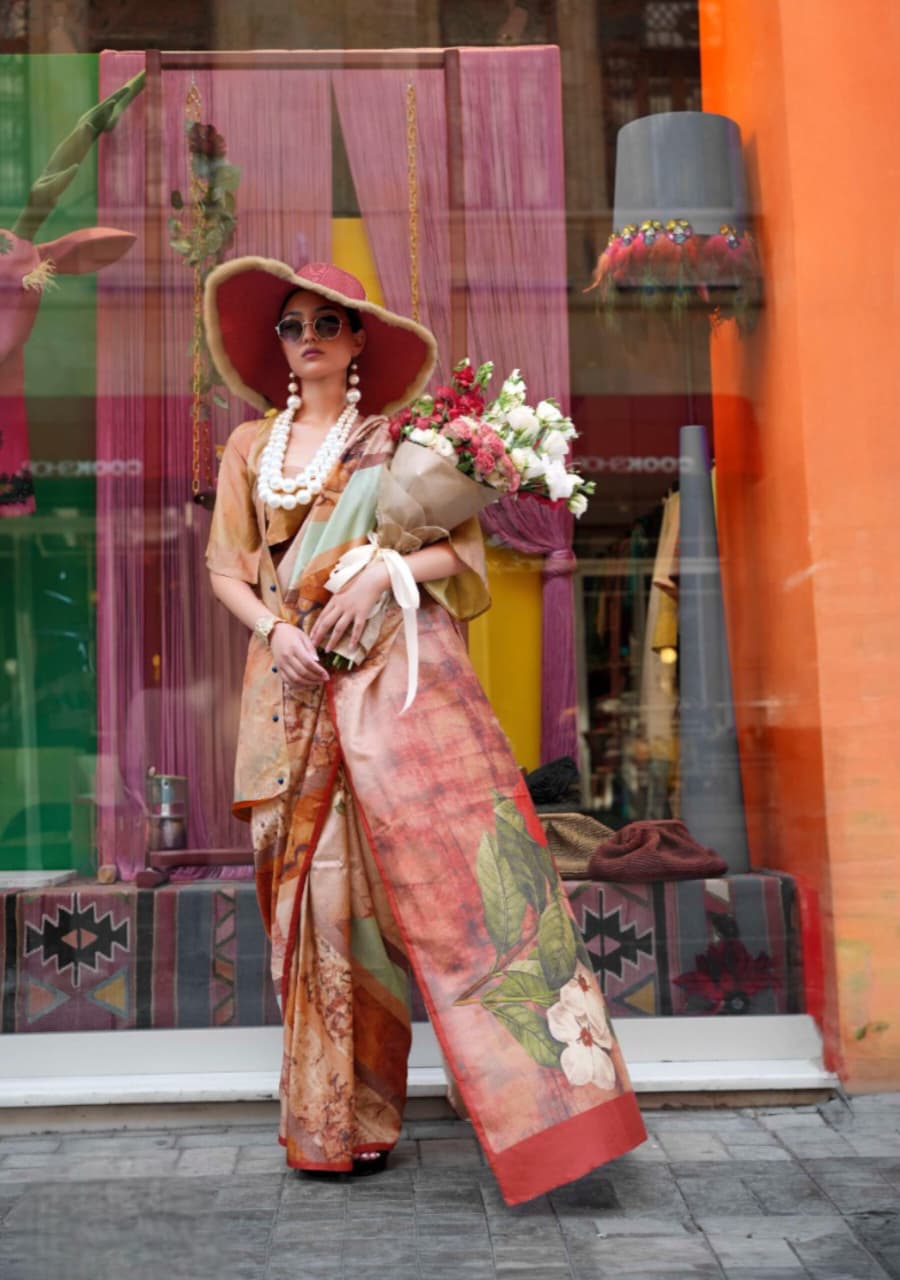 Rust Orange Northern Light Twirl Silk Modern Digital Print Saree