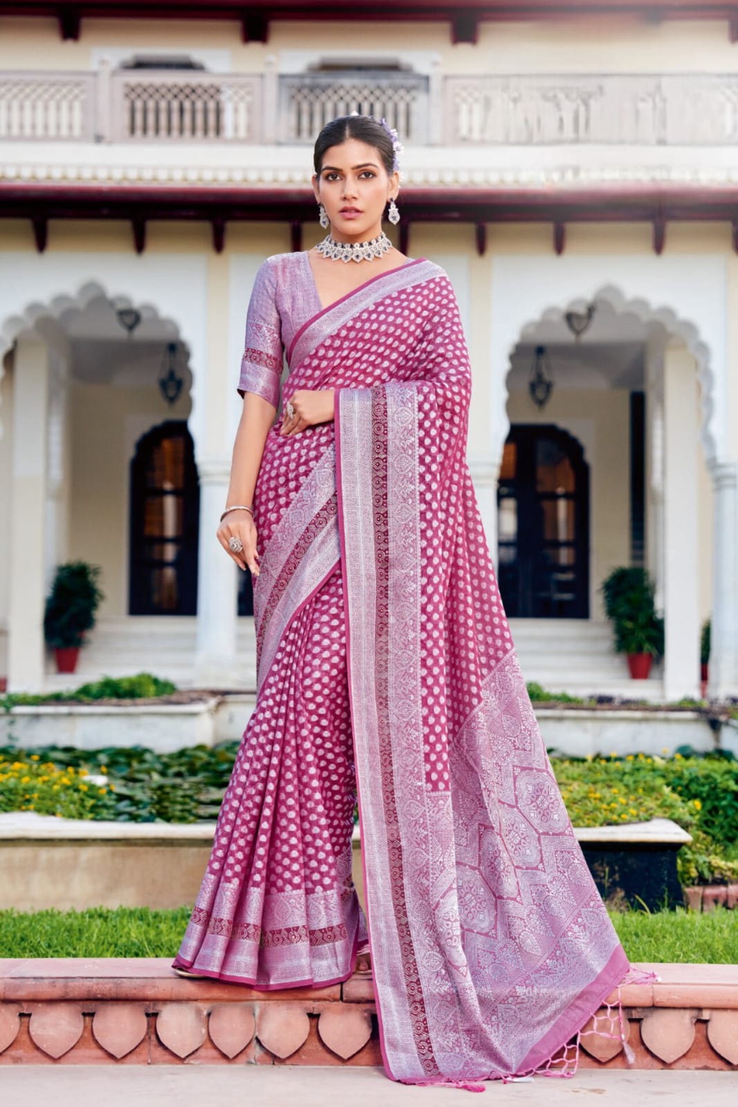 Purple Twp Georgette Weaving Buta Border Pallu Saree