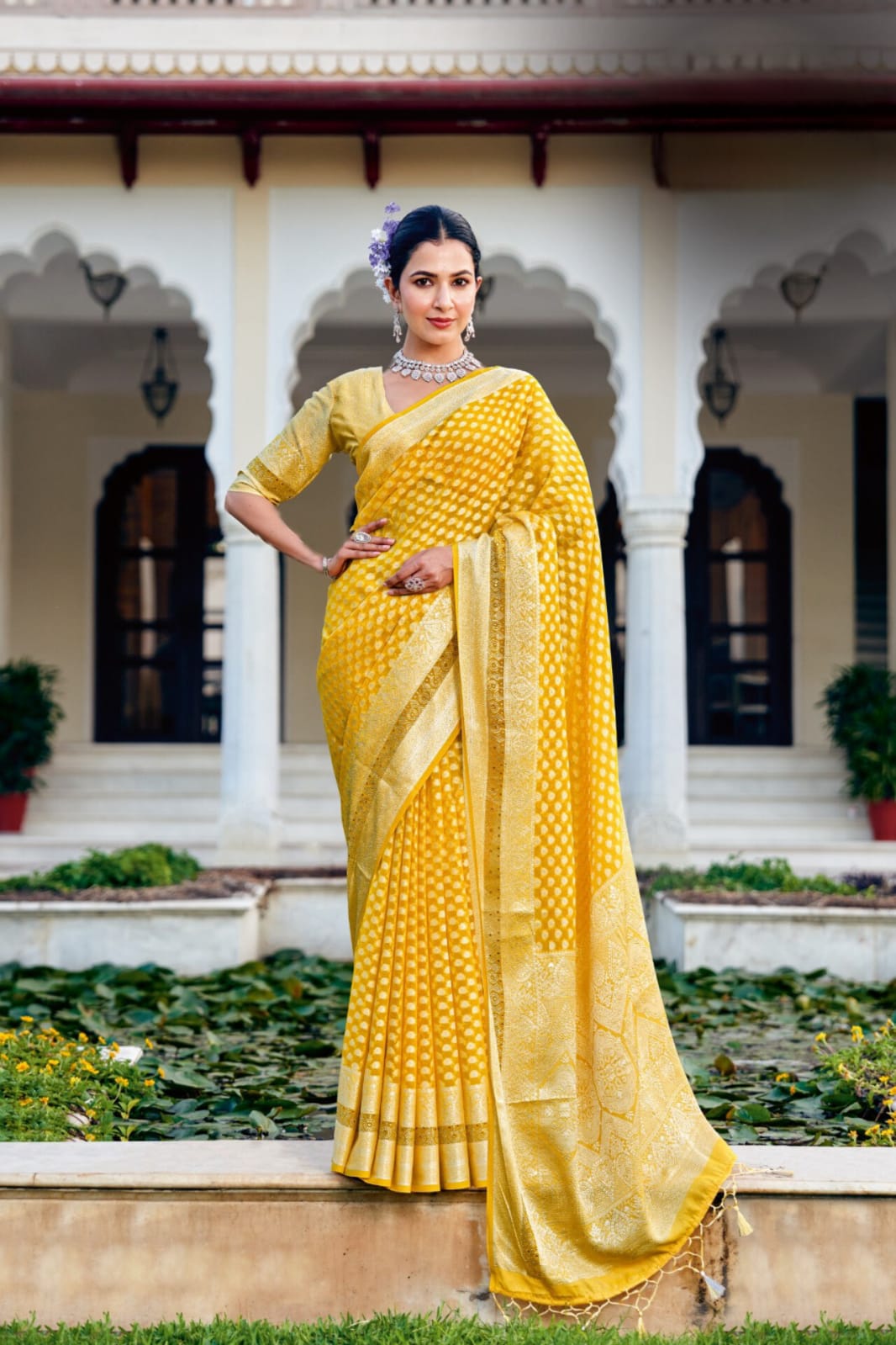 Yellow Twp Georgette Weaving Buta Border Pallu Saree