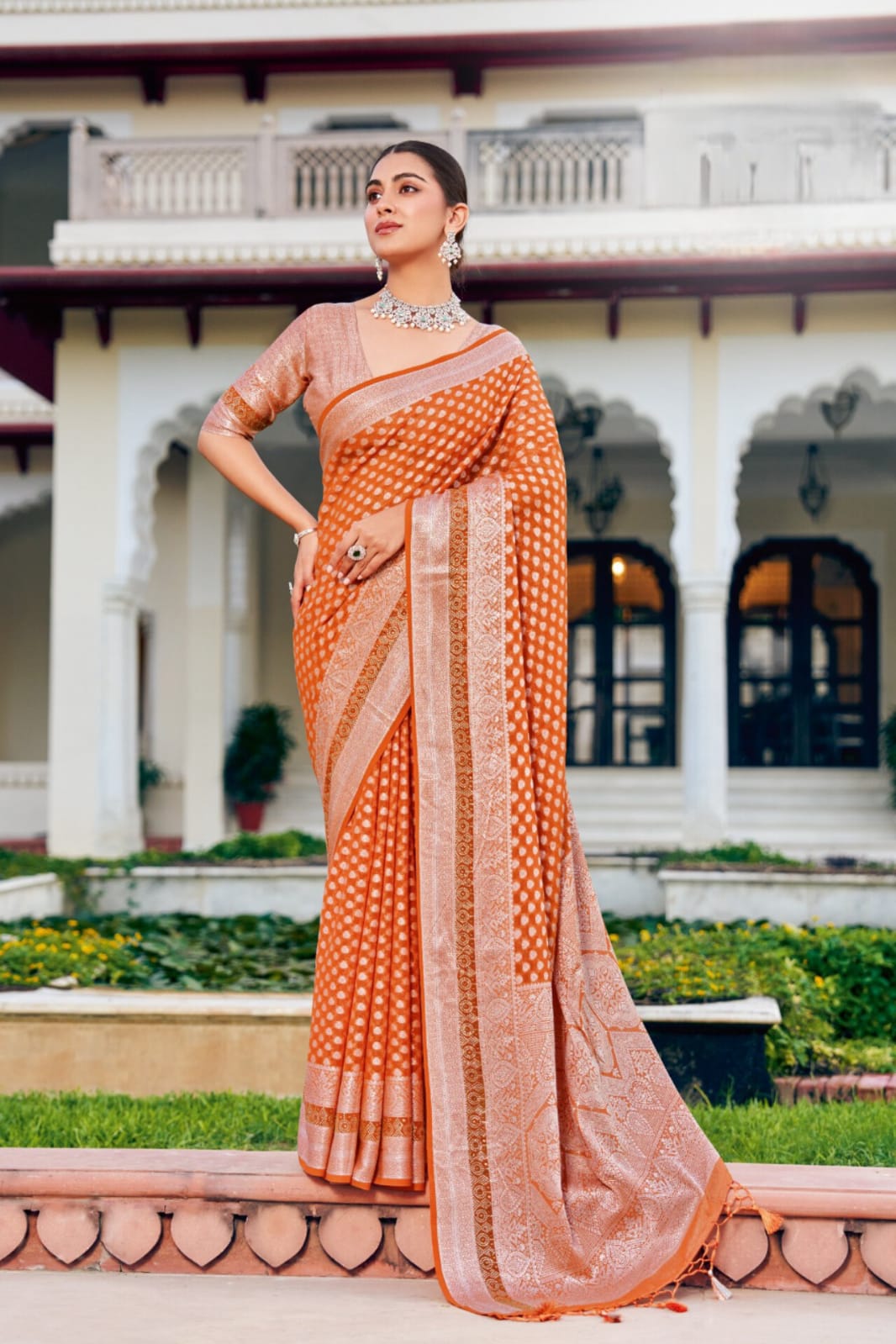 Orange Twp Georgette Weaving Buta Border Pallu Saree