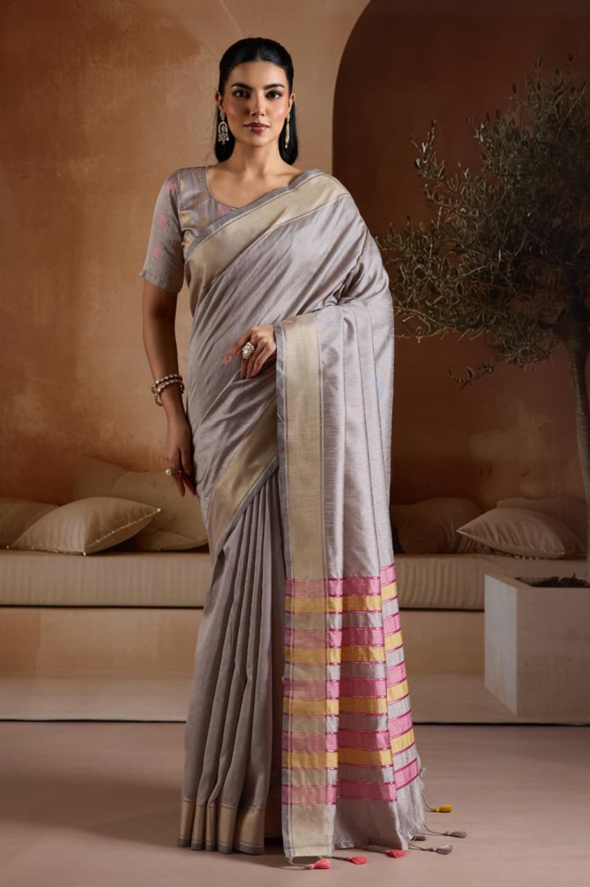 Grey Bhagalpuri Silk Handwoven Saree