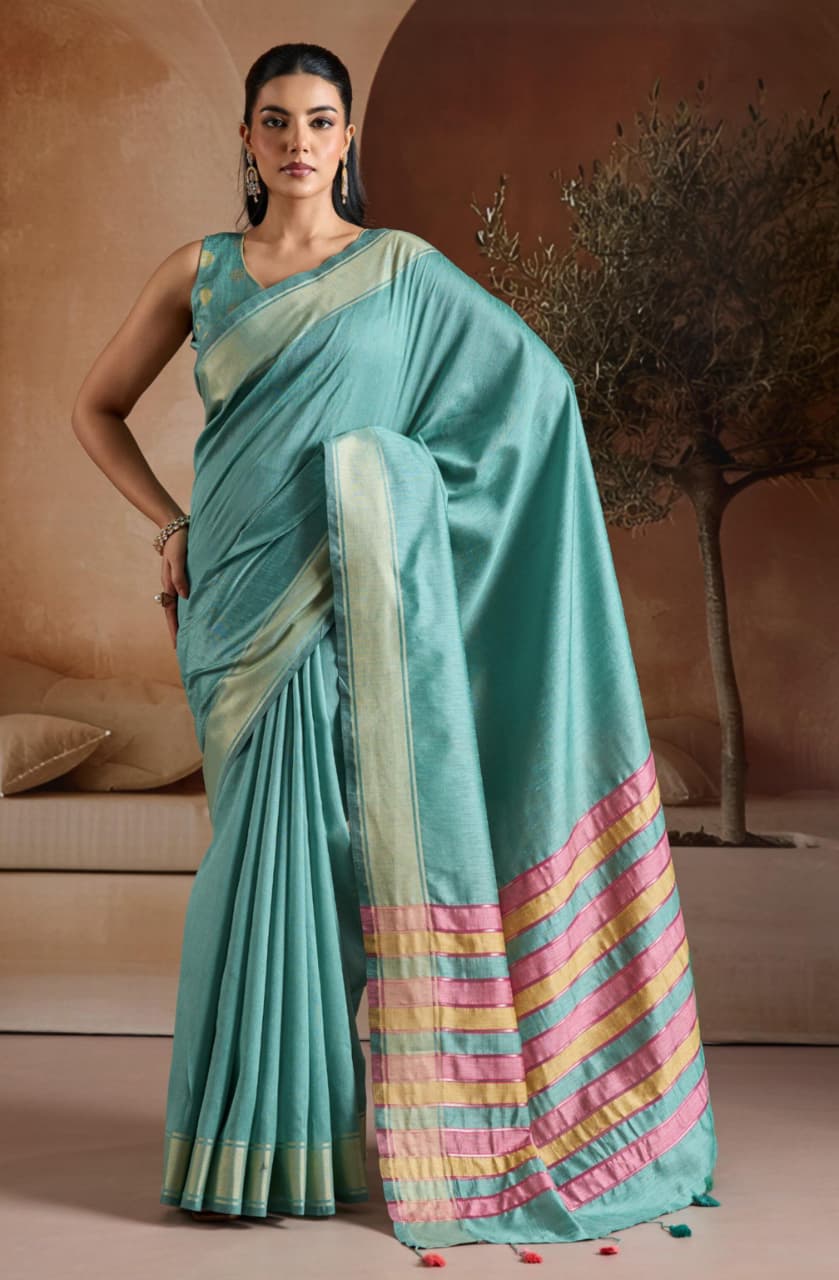Teal Blue Bhagalpuri Silk Handwoven Saree