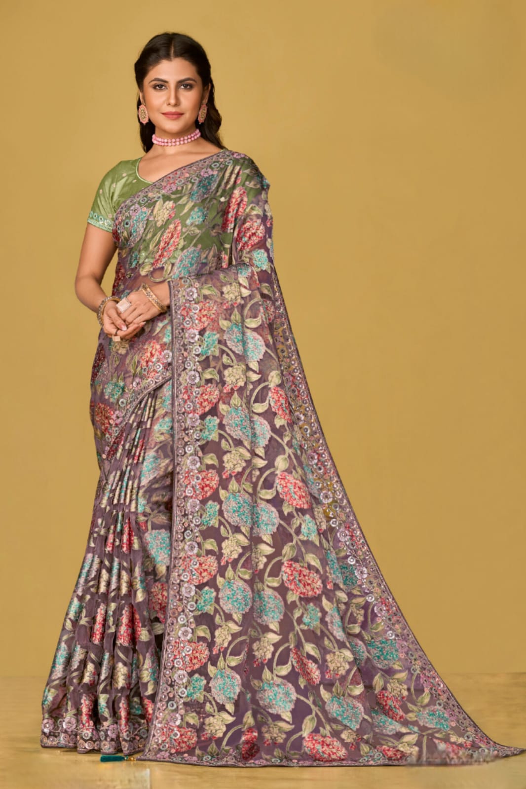 Brown Soft Organza Brasso Embroidery Saree
