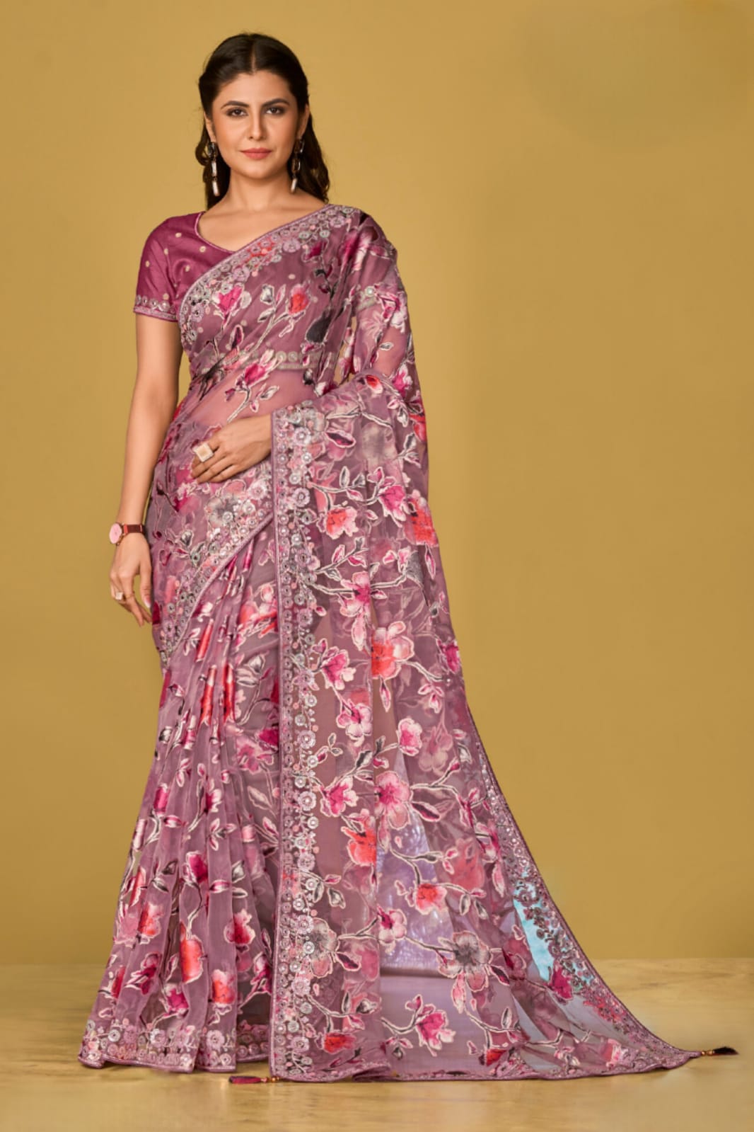 Mauve Pink Soft Organza Brasso Embroidery Saree