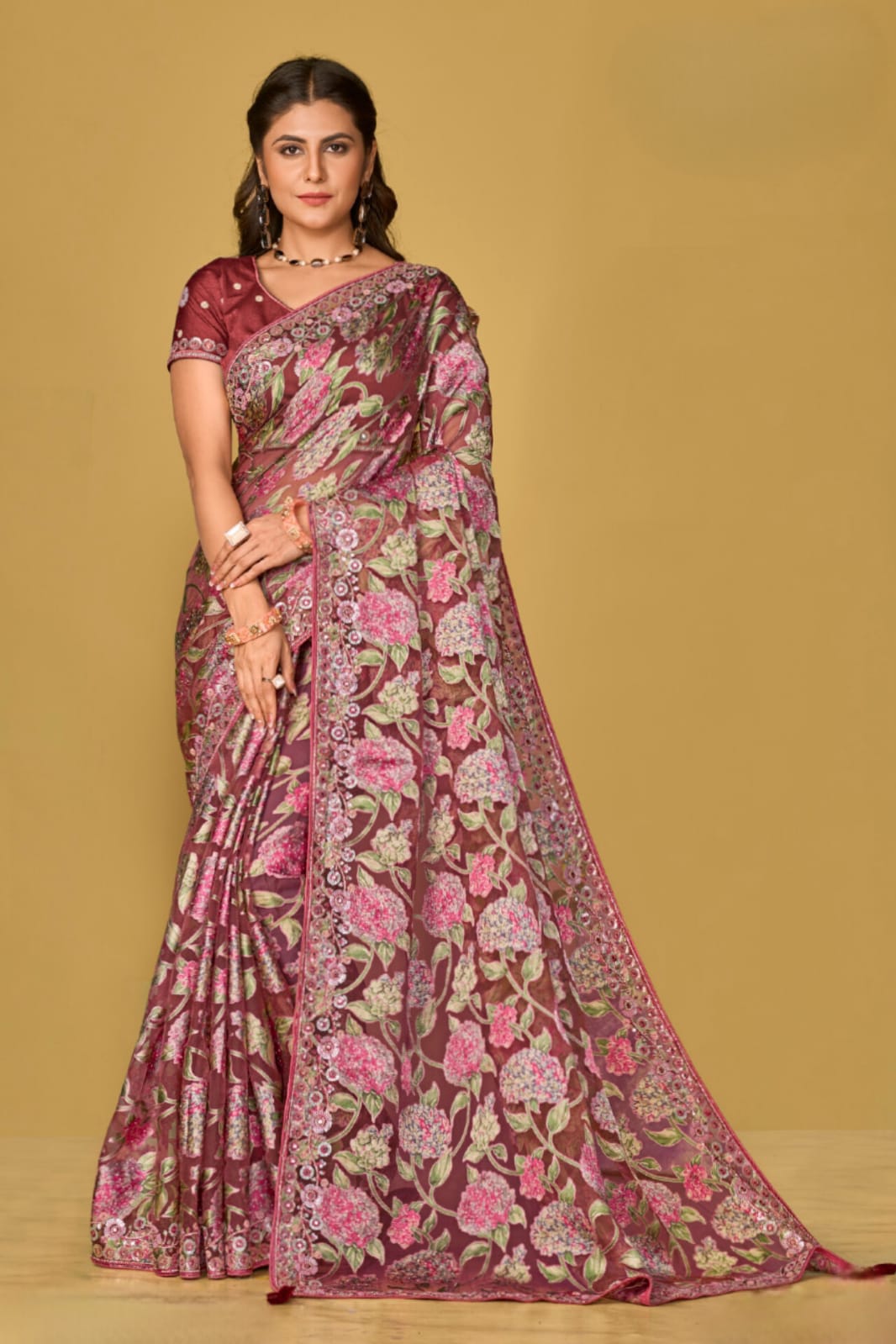 Wine Maroon Soft Organza Brasso Embroidery Saree