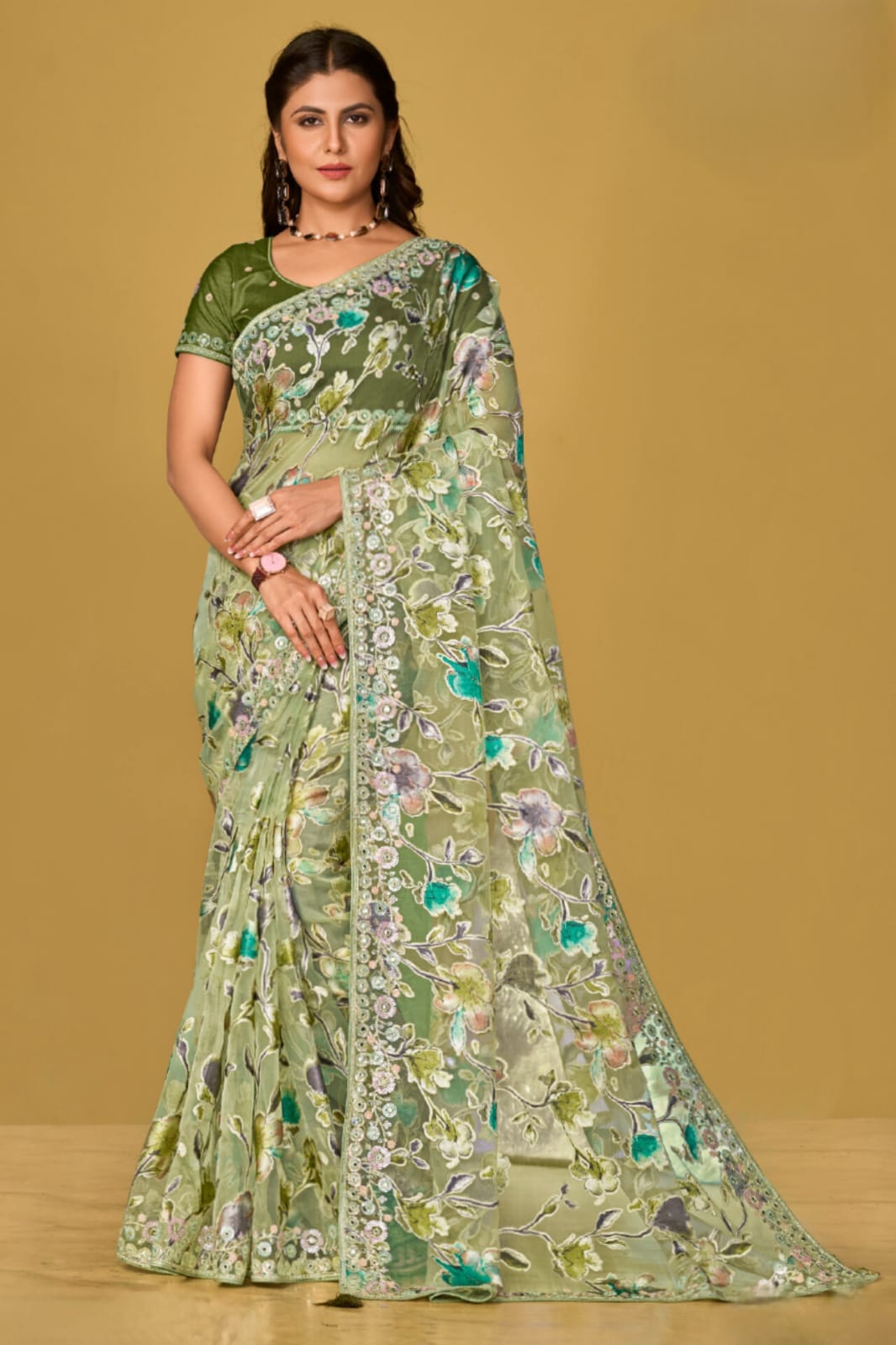 Mint Green Soft Organza Brasso Embroidery Saree