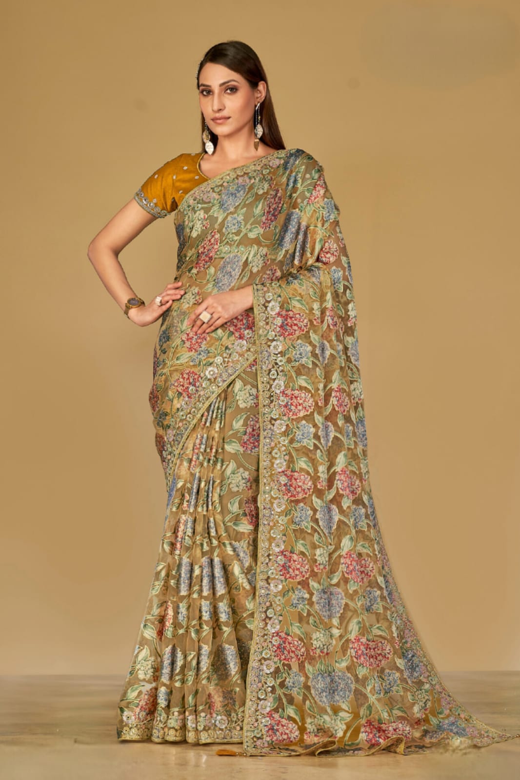 Golden Beige Soft Organza Brasso Embroidery Saree