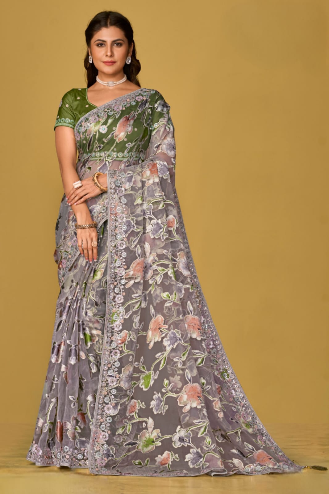 Grey Soft Organza Brasso Embroidery Saree