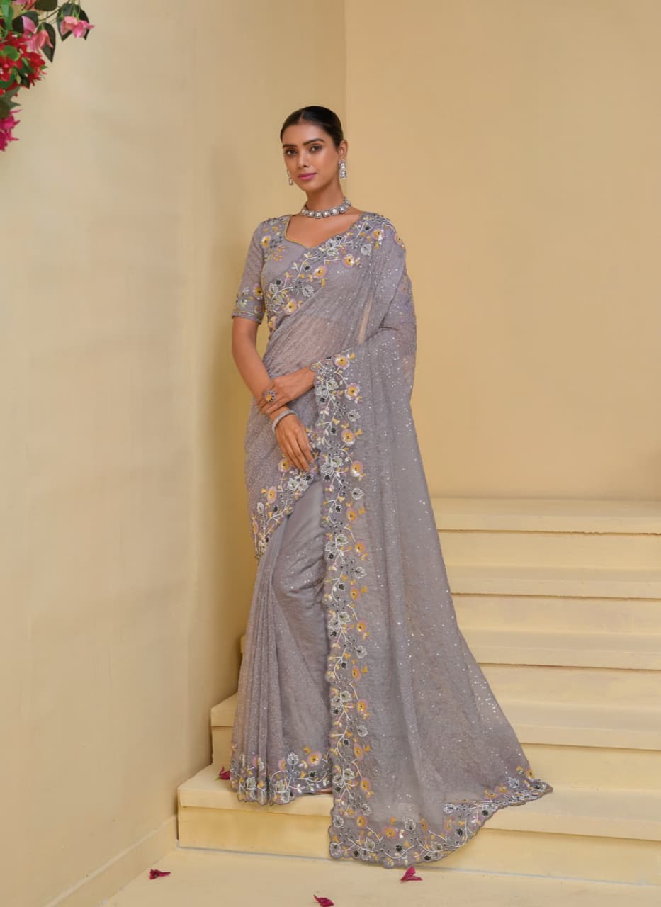 Grey Banarasi Tuscany Moti Zarkan Sequence Heavy Work Saree