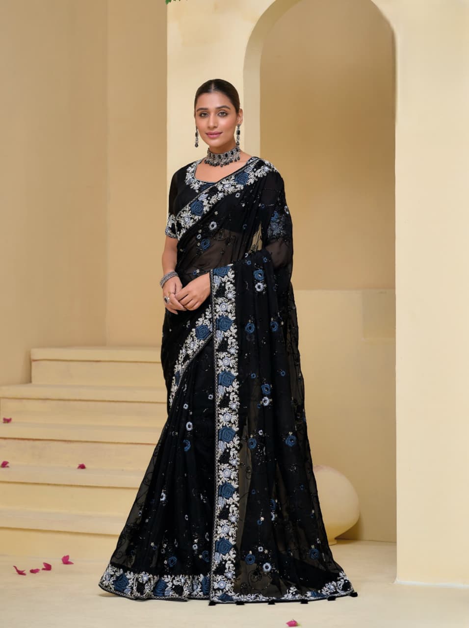 Black Banarasi Tuscany Moti Thread Sequence Heavy Work Saree