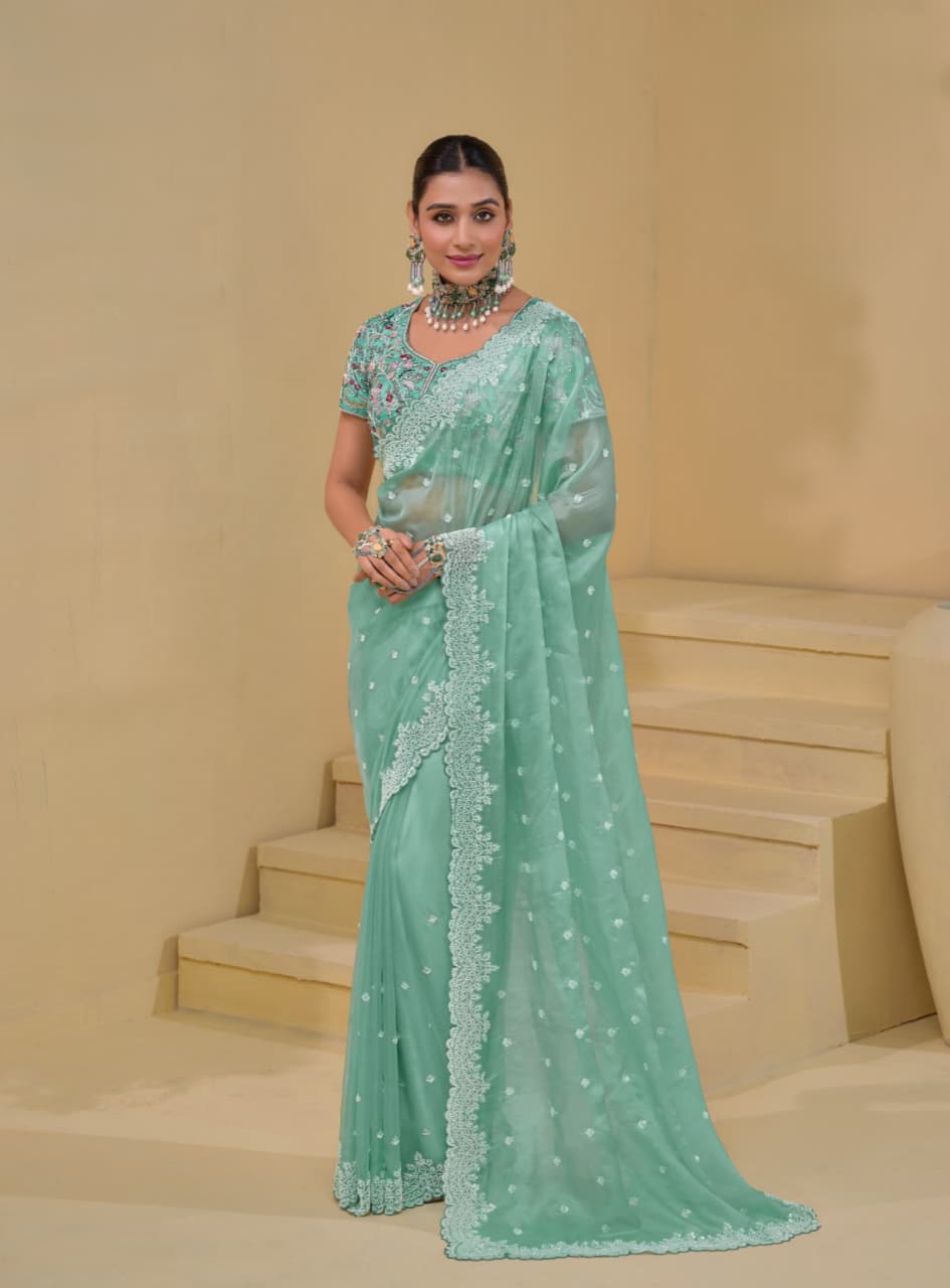 Sea Green Banarasi Tuscany Cut Dana Moti Sequence Heavy Work Saree