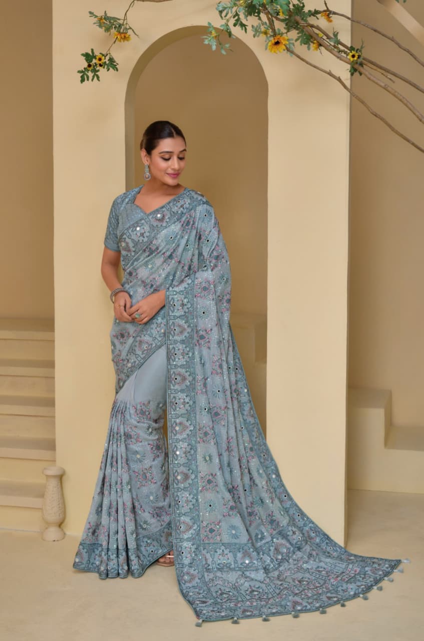 Grey Italian Silk Moti Mirror Jari Thread Sequence Heavy Work Saree